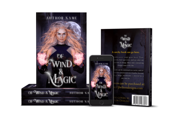 A fantasy book cover with a beautiful woman holding magic in a village