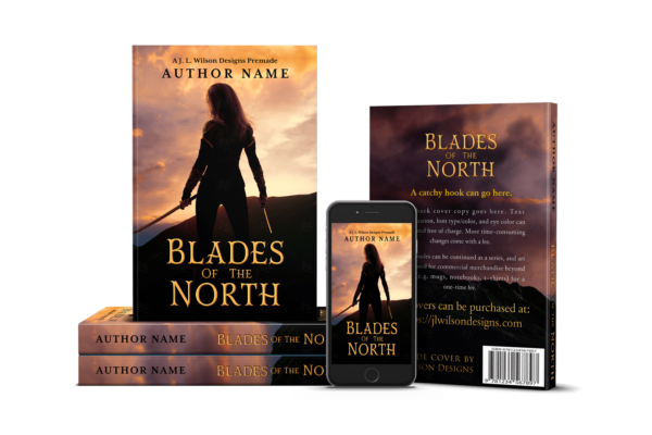 An epic fantasy book cover with a warrior woman holding swords at sunset against a mountain backdrop