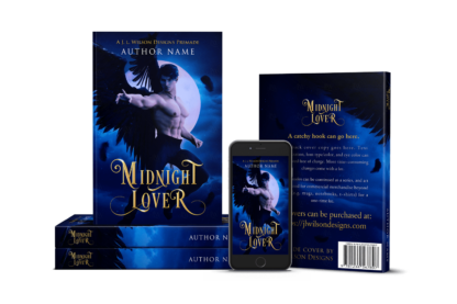A fantasy romance angel book cover featuring a hot male angel with black wings flying at night