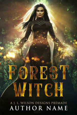 A fantasy book cover with a beautiful woman in a long dress wielding fire and magic against a glowing green jungle