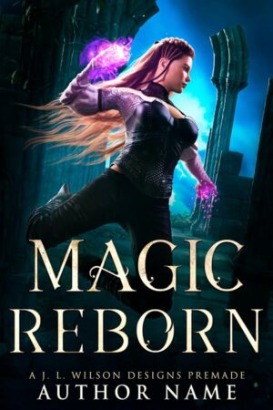 An epic fantasy book cover with a warrior girl wielding glowing purple magic among stone ruins